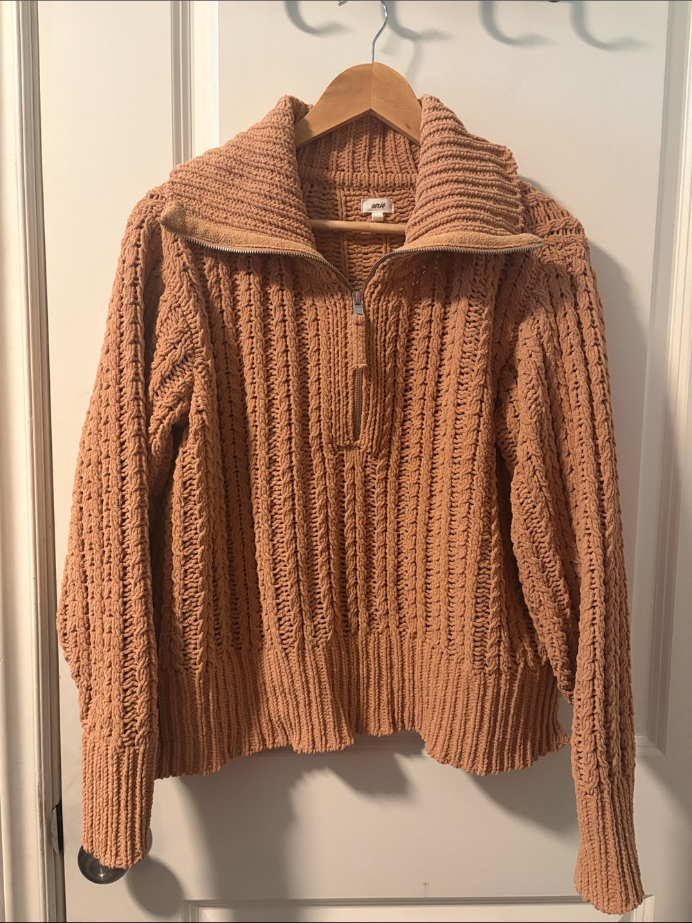 aerie Ribbed Half-Zip Cowl Sweater in Dusty Peach